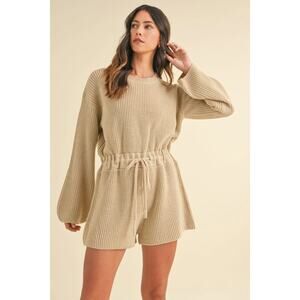 Mable Beige Knit Cinched Crewneck Balloon Long Sleeves Loungewear Romper M/L